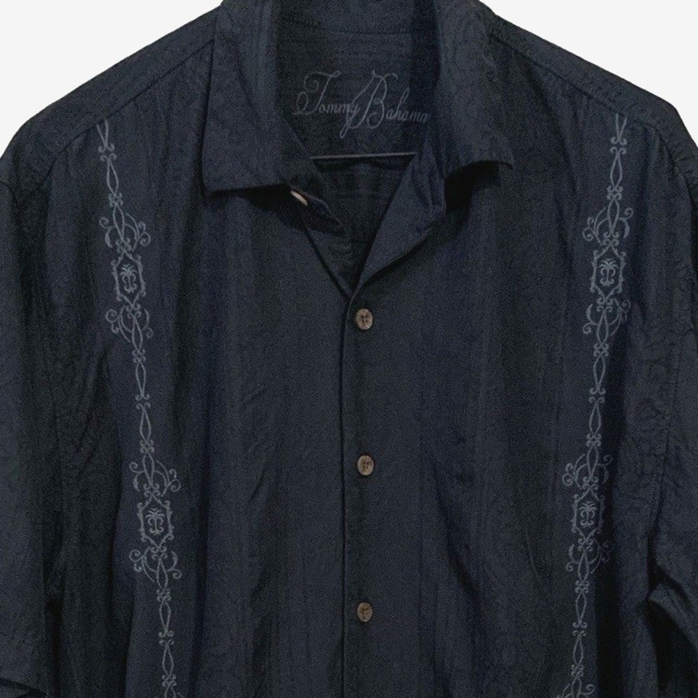 Tommy Bahama L 100% Silk Short Sleeve Button Up Shirt Black Camp Beach Tropical